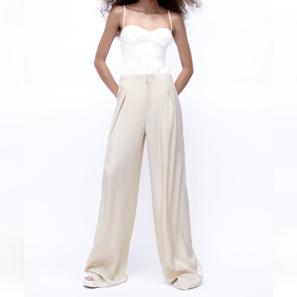 NWT Zara * Satin Effect Wide Leg Straight Pants Cream Ivory